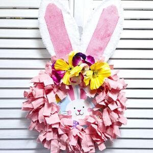 Hand Crafted Easter Bunny Rabbit Fabric Rag Wreath, Pink & White, Bunny Sign